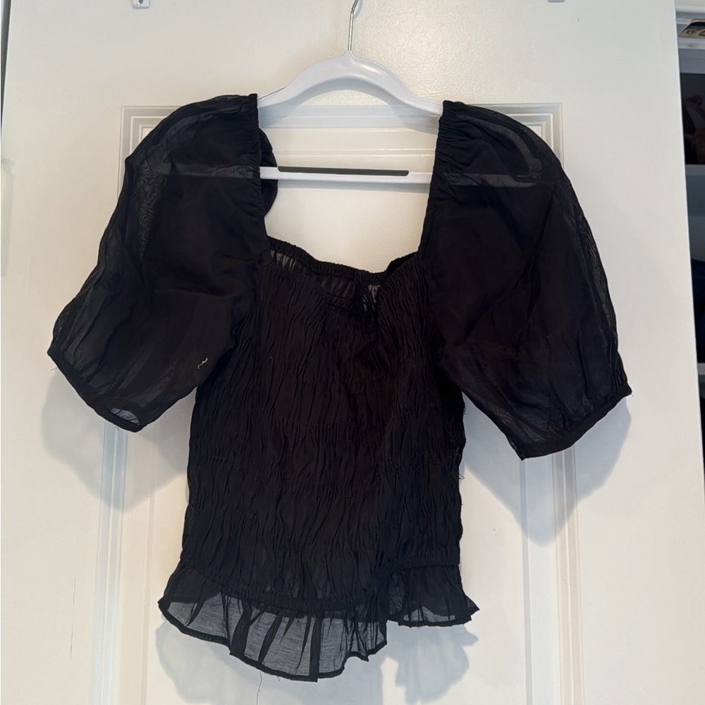 Black Smocked Puff Sleeve Blouse